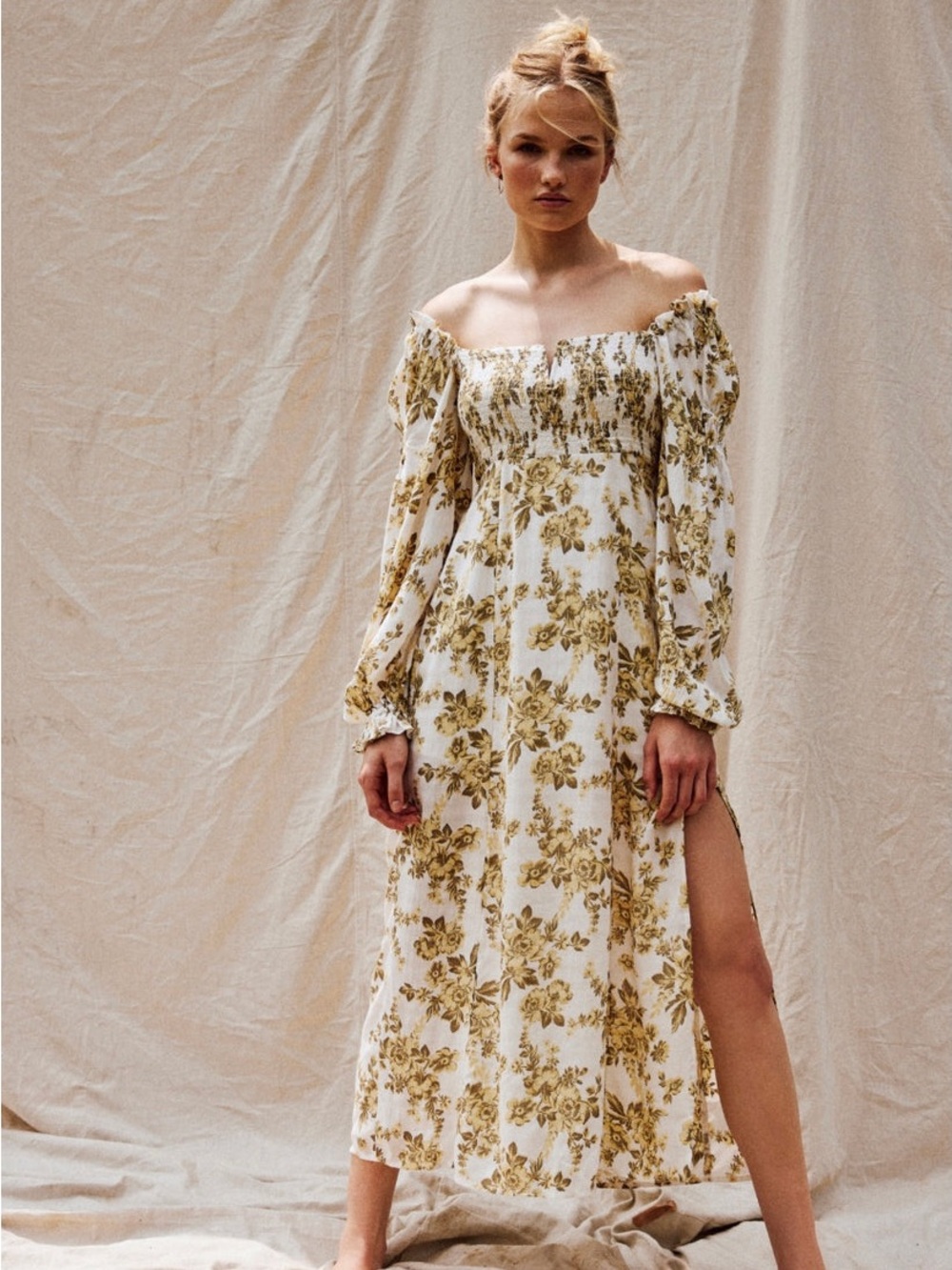 Free People Floral Off-Shoulder Maxi Dress in Cream and Mustard